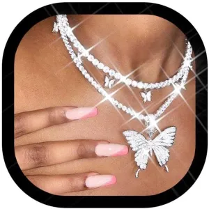 Zoestar Butterfly Choker Necklace Gorgeous 2 Layered Crystal Pendant Necklaces Sparkly Butterfly Chain Jewelry for Women