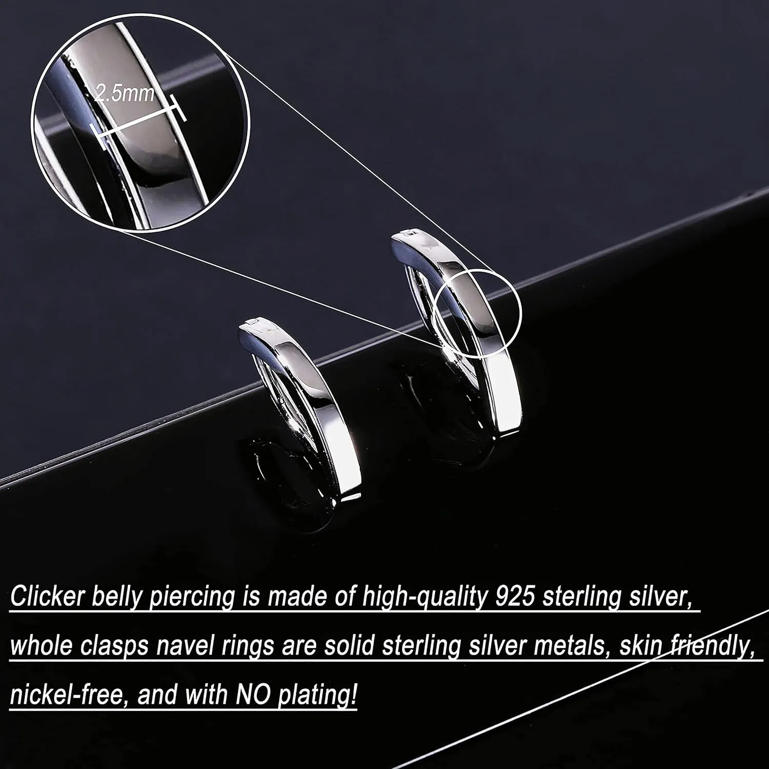 ZS 14G 925 Sterling Silver Belly Button Rings for Women, Clicker Belly Barbell Piercing Reverse Curved Navel Barbell Body Jewelry