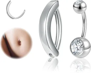 ZS 14G Clicker Belly Button Rings for Women, 925 Sterling Silver Belly Barbell Piercing Gold Reverse Curved Navel Barbell Body Jewelry
