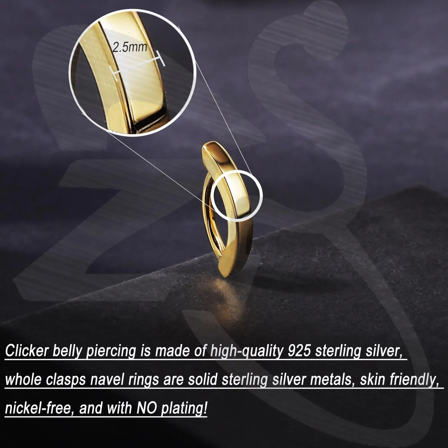 ZS 14G Clicker Belly Button Rings for Women, 925 Sterling Silver Belly Barbell Piercing Gold Reverse Curved Navel Barbell Body Jewelry