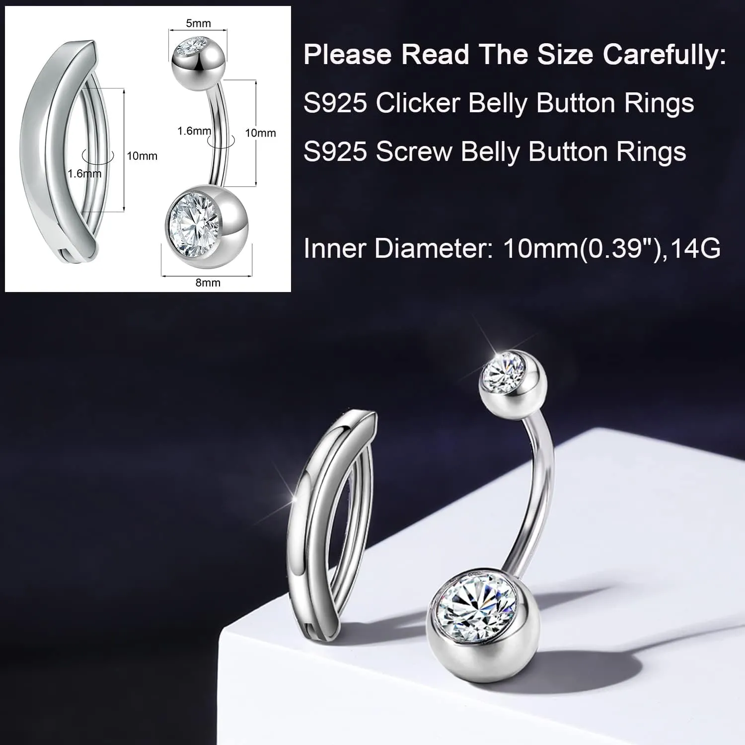 ZS 14G Clicker Belly Button Rings for Women, 925 Sterling Silver Belly Barbell Piercing Gold Reverse Curved Navel Barbell Body Jewelry
