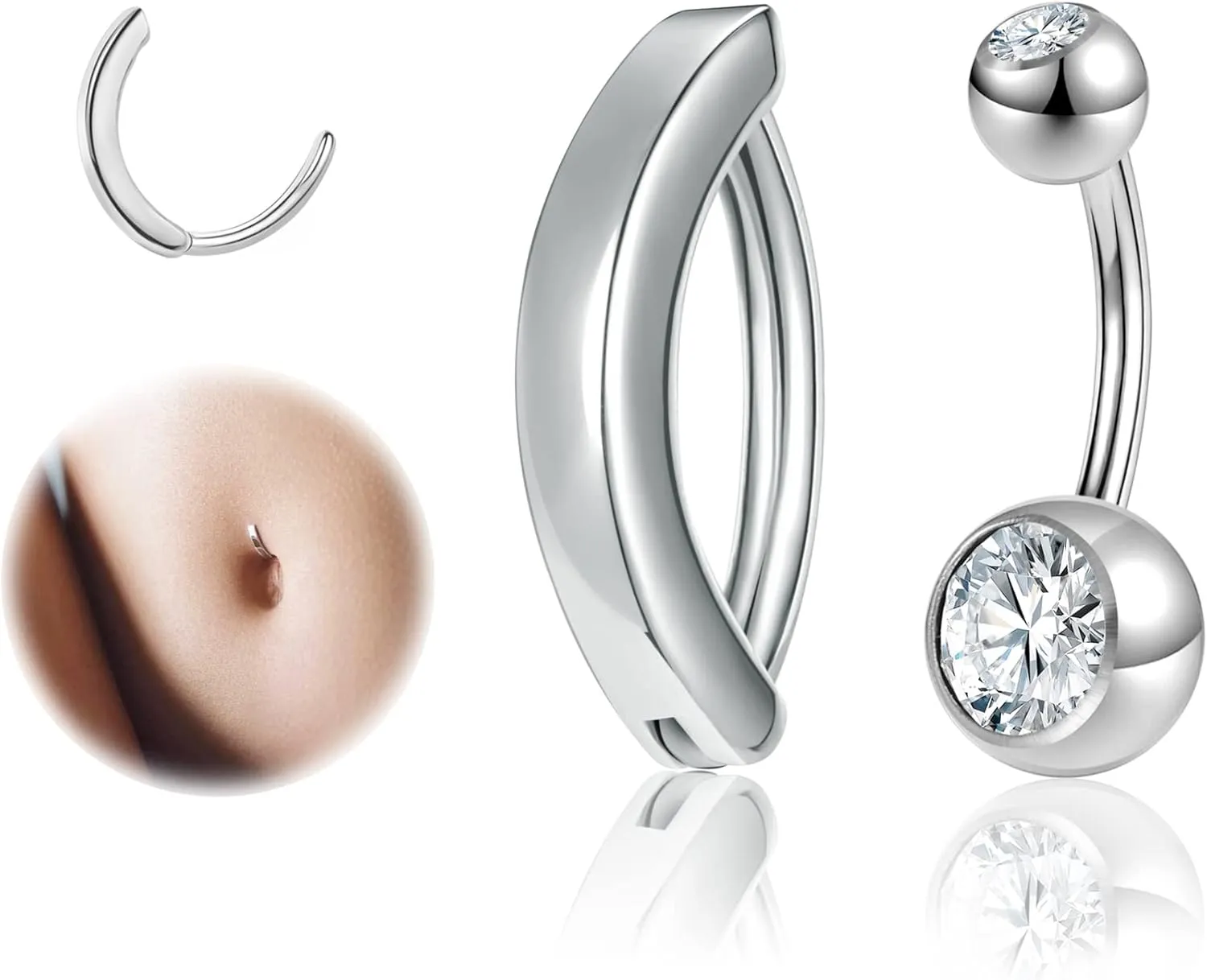 ZS 14G Clicker Belly Button Rings for Women, 925 Sterling Silver Belly Barbell Piercing Gold Reverse Curved Navel Barbell Body Jewelry