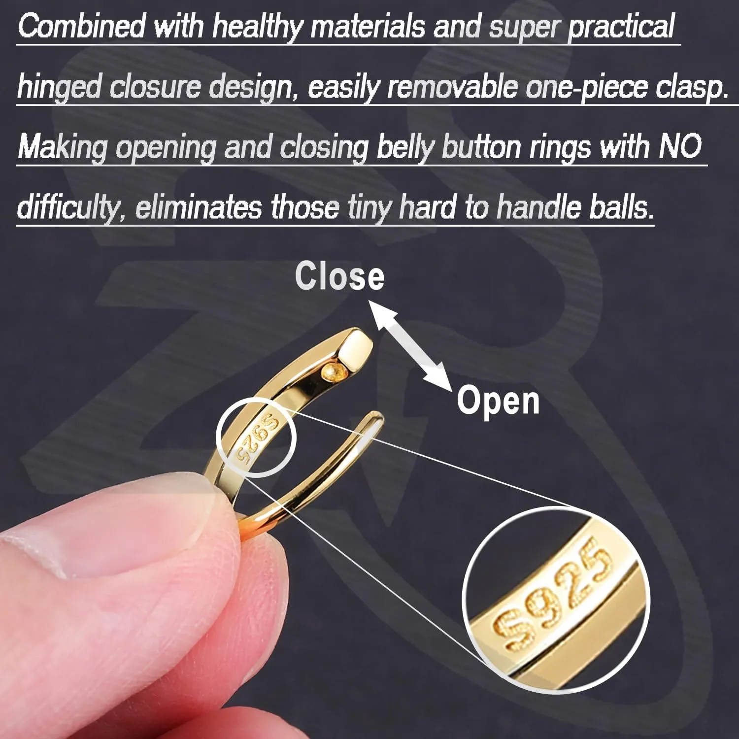 ZS 14G Clicker Belly Button Rings for Women, 925 Sterling Silver Belly Barbell Piercing Gold Reverse Curved Navel Barbell Body Jewelry