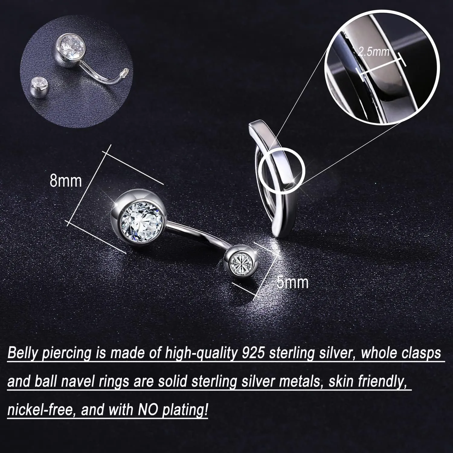 ZS 14G Clicker Belly Button Rings for Women, 925 Sterling Silver Belly Barbell Piercing Gold Reverse Curved Navel Barbell Body Jewelry
