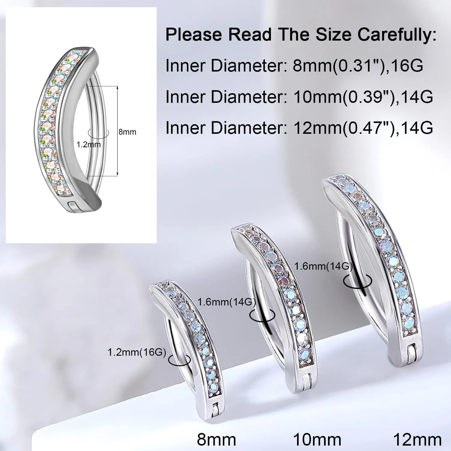 ZS 14G Clicker Belly Button Rings for Women, 925 Sterling Silver Belly Barbell Piercing Simulated Diamonds Rivet Reverse Curved Navel Barbell Body Jewelry