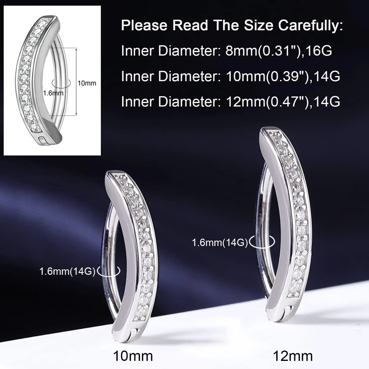 ZS 14G Clicker Belly Button Rings for Women, 925 Sterling Silver Belly Barbell Piercing Simulated Diamonds Rivet Reverse Curved Navel Barbell Body Jewelry